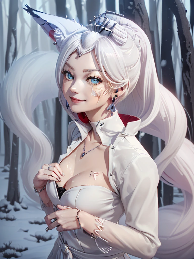 great quality ++ Extremely detailed high resolutionolution, very aesthetic, expressive eyes, (((Perfect face))), (((face symmetrical))), ((good anatomy)), (((perfect hands))), (((8k))), UHD, hd wallpaper, (((detailed high cal, (((((1girl)))))), only, Masterpiece, The best quality, high resolution, Highly detailed, (illustration), Beautiful detailed eyes, ((((full body))), (((solo))), (((((Koyanskaya))))), (((cosplay of weissvale))), (((smiling))), (((fusion))), (((agglutination))), (((Combination))), (((((Whitehair))))), (((ponytail))), (((white dress))), (((jewelry))), (((necklace))), (((earrings))), only, jaeces, earrings, long hair, parody, (((scar))), (((scar ocular))), (((hair ornament))), (((winter forest background))), Side ponytail, scar en la cara, Upper part of the body, (((fox tail))), (((fox ears))), (((tiara))), (((jewelry))), (((earrings))), (((neckline trimming))),