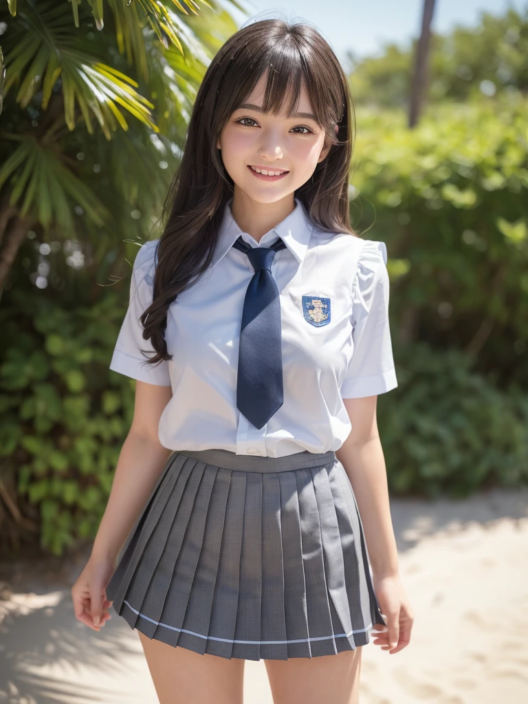 (highly detailed face and eyes), (big smile), Amazing face and eyes, (school uniform, pleated mini skirt:1.3), (Best Quality:1.4), (Ultra-detailed), (extremely detailed CG unified 8k wallpaper), Highly detailed, High-definition raw color photos, Professional Photography, Realistic portrait, summer, (beach), (fine face:1.2),