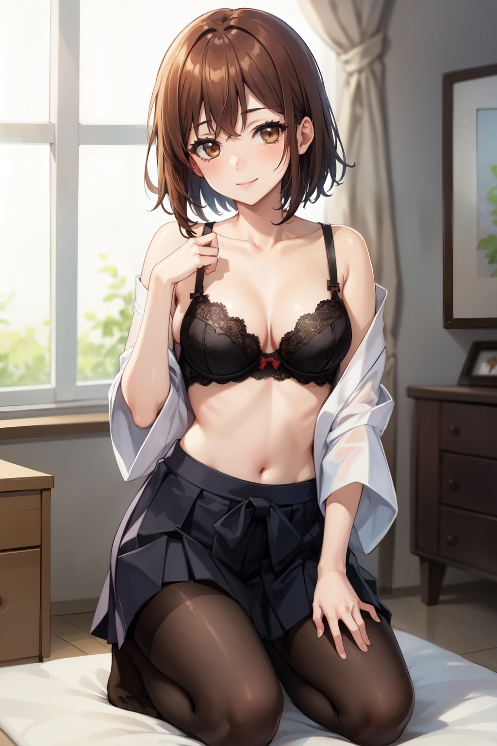 Highest quality, (masterpiece:1.2), Very detailed, 
One girl, alone,
View your viewers, smile, Medium chest, 
Brown eyes, Brown Hair, short hair, Graduation Hakama、pantyhose、Bedroom、Kneeling、(Black Bra)