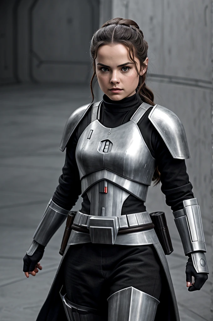 Design a Star Wars Jedi Padme Skywalker in modern armor, that integrates texture details and a minimalist appearance. In gray and black tones. photorealista. very realistic