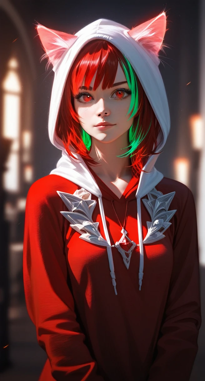a beautiful girl with red hair, green highlights, wearing a red hoodie, red eyes, cat ears, (best quality,4k,8k,highres,masterpiece:1.2),ultra-detailed,(realistic,photorealistic,photo-realistic:1.37),intricate details,highly detailed face,extremely detailed eyes and face,longeyelashes,detailed clothing,detailed accessories,detailed environment,fantasy,magical realism,vibrant colors,warm lighting,cinematic