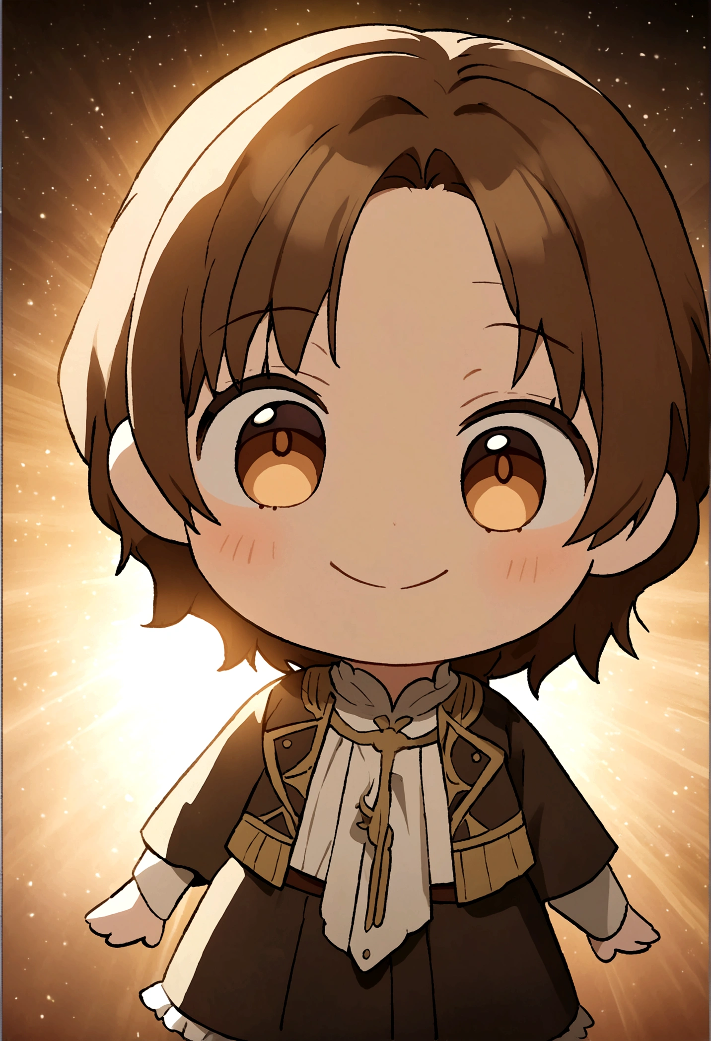 Make a chibi anime character smiling with brown hair, let it be tender, 2D image type