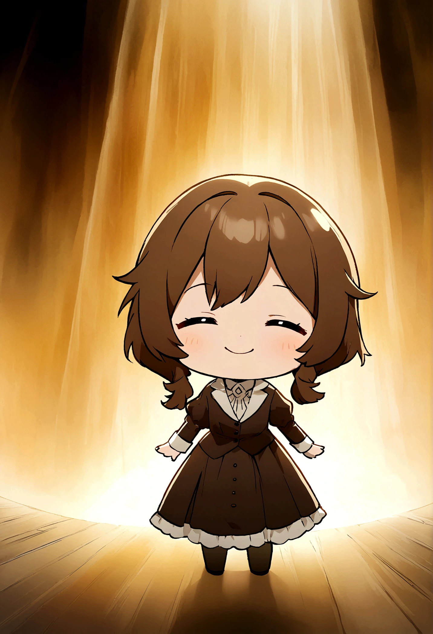 Make a chibi anime character smiling with brown hair, let it be tender, 2D image type