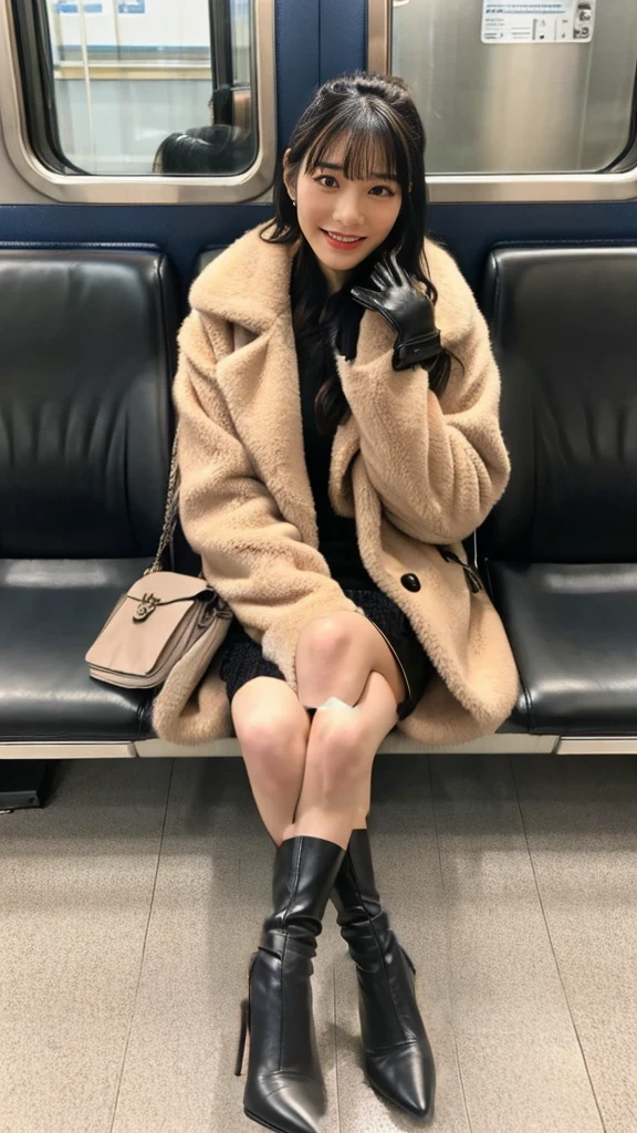 Wearing black leather gloves,Five fingers,Black pumps,Wearing short black socks