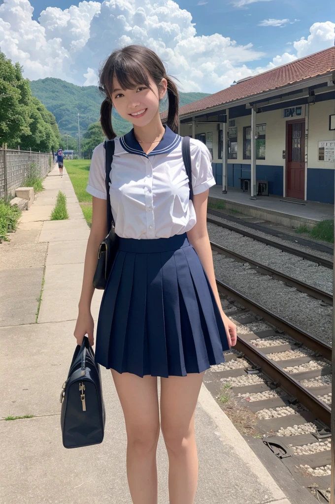 girls in rural railway station,train on far side,cumulonimbus cloud in summer sky,short-sleeved white shirt with sailor collar,navy blue pleated skirt,school bag,18-year-old,bangs,a little smile,thighs,knees,short hair with low pigtails bunches,from beside,front light