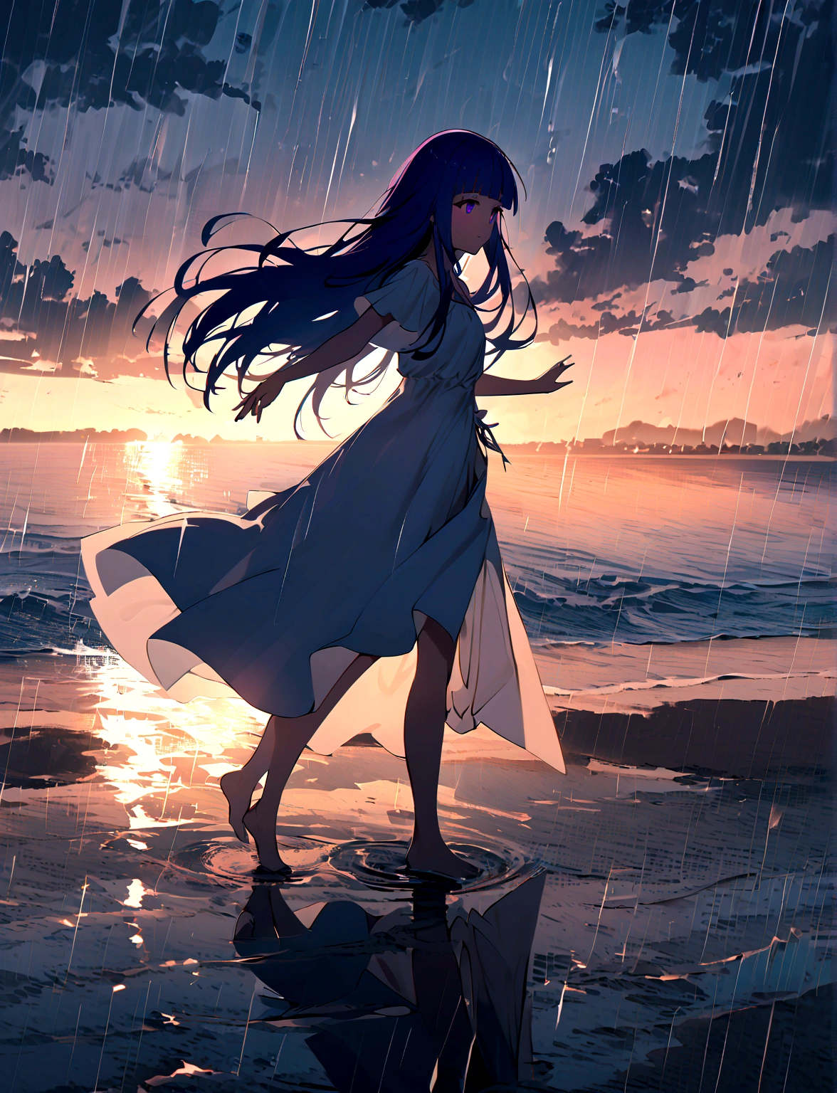 1 Girl, alone, Blue Hair, Purple eyes, Long Hair, blunt bangs, bangs, dawn, Seaside, (rain), Girl, (dance), Water&#39;s Edge, Flowing Dresses, Sky Color, reflection, (rainの中のジャンプ), splash, joy, Sense of liberation, Dramatic atmosphere, Light and shadow contrast, The sound of the sea, Harmony with Nature, barefoot