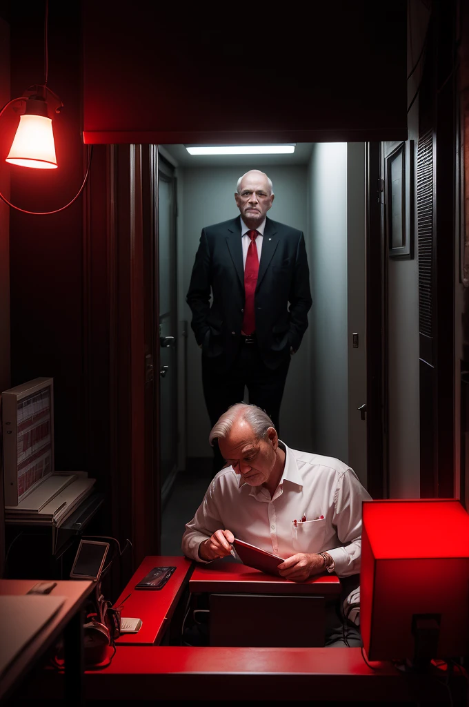 man of 25 years operating on the stock exchange, inside his dark room, with a red lamp