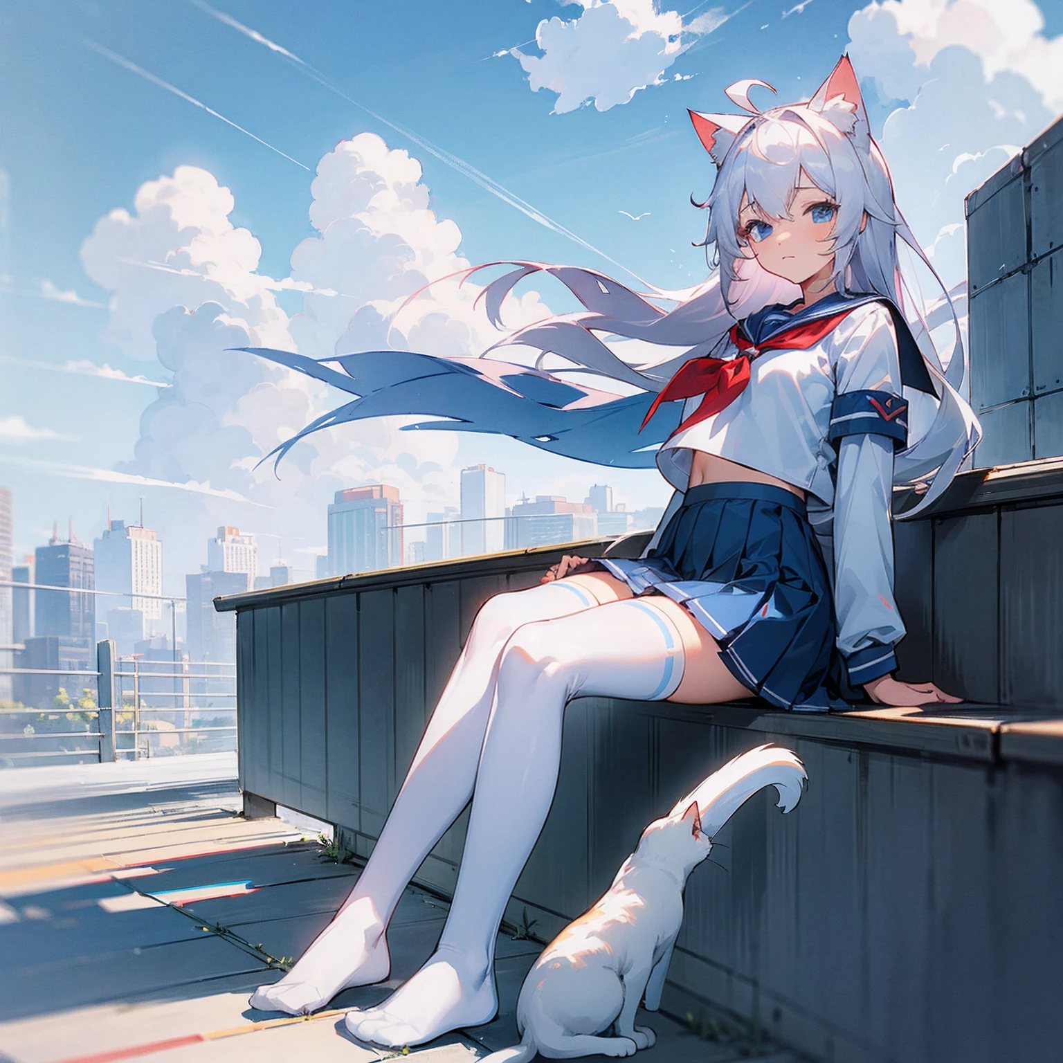 ((masterpiece, best quality)),a girl, solo, skirt, sky, sitting, thigh high socks, serafuku, cloud,outdoors, neckerchief ,day, bangs, fence, shirt, ahoge, rooftop, long hair, white thigh high socks,white hair, white , white sailor collar,blue eyes, sailor collar, navy blue skirt, red neckerchief, white serafuku, animal ears, animal tail, no human ears, blue sky,white shirt, looking at viewer, closed mouth,cat ears, navy blue skirt, cloudy sky, pleated,no shoes,full body,landscape,city