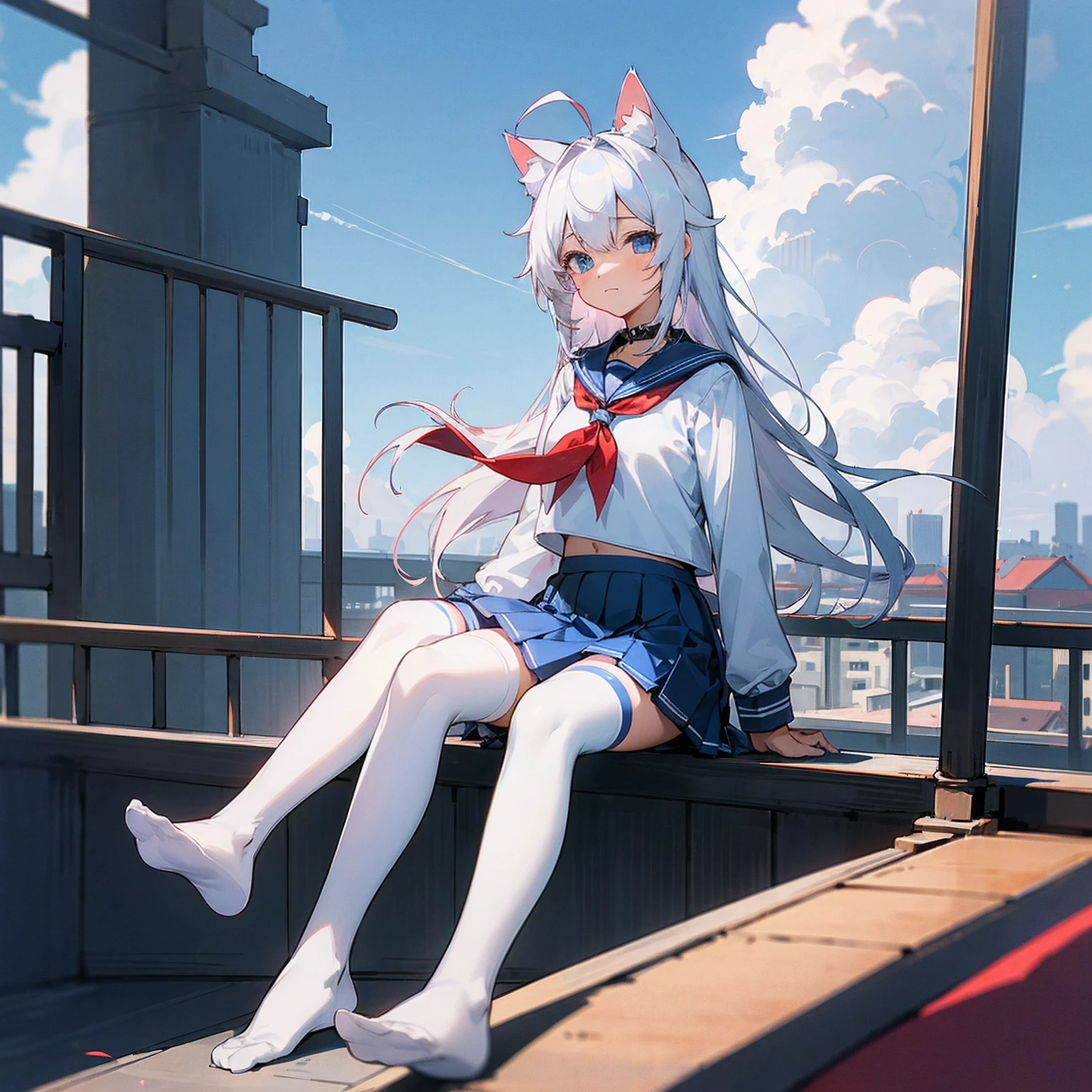 ((masterpiece, best quality)),a girl, solo, skirt, sky, sitting, thigh high socks, serafuku, cloud,outdoors, neckerchief ,day, bangs, fence, shirt, ahoge, rooftop, long hair, white thigh high socks,white hair, white , white sailor collar,blue eyes, sailor collar, navy blue skirt, red neckerchief, white serafuku, animal ears, animal tail, no human ears, blue sky,white shirt, looking at viewer, closed mouth,cat ears, navy blue skirt, cloudy sky, pleated,no shoes,full body,landscape,city