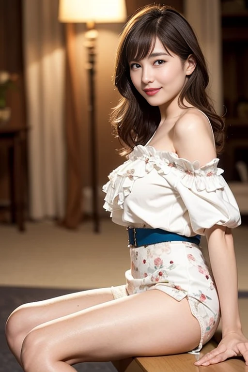 ((Exposing shoulders)), ((Ample breasts)), ((The skirt is short)), ((Sexy Legs)), ((whole body)),Practical的, Stylish girl, Red lips, Mature Woman, Exquisite makeup, Big eyes, beautiful, (Highest quality, masterpiece:1.2), Super detailed, (Practical:1.37), ((random scene, Random shooting angle)), ((Sexy long legs)), Young and energetic, Attractive model, (Delicate eyes, Delicate lips), show a bright smile, Create attractive girl images, Warm colors, Very high color saturation, Official Art, Very detailedなCG, Unified 8K wallpapers, (High Dynamic Range:1.4), (Movie atmosphere),(Soft colors), (Natural skin texture, 超Practical的, Soft Light, sharp),(Very detailed), night, moonlight、((White floral outfit))、Red lipstick、Curly Hair、Blue Eye Shadow、smile、Looking from below、
