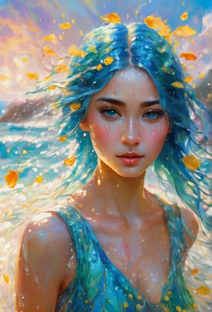 ultra highly detailed, action painting, spring, falling  petals  ,32k,  , oil painting, watercolor, close up fantasy well-dressed ethereal  spirit  , innocent looking young  , luminous skin, skin scales, blue hair, , unusual appearance, delicate face   the sea, waves,    freckles , glittering, turquoise glowing eyes, , water drops, highly detailed, intricated, intricated pose, thick strokes, liquid, melting,  , masterpiece, high quality, youthful, blushing