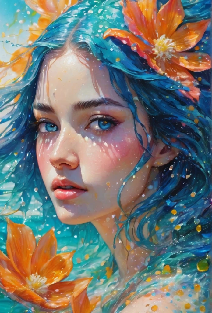 ultra highly detailed, action painting, spring, falling petals ,32k, , oil painting, watercolor, close up fantasy well-dressed ethereal spirit , innocent looking young teen , luminous skin, skin scales, blue hair, , unusual appearance, delicate face the sea, waves, freckles , glittering, turquoise glowing eyes, , water drops, highly detailed, intricated, intricated pose, thick strokes, liquid, melting, , masterpiece, high quality, youthful, blushing