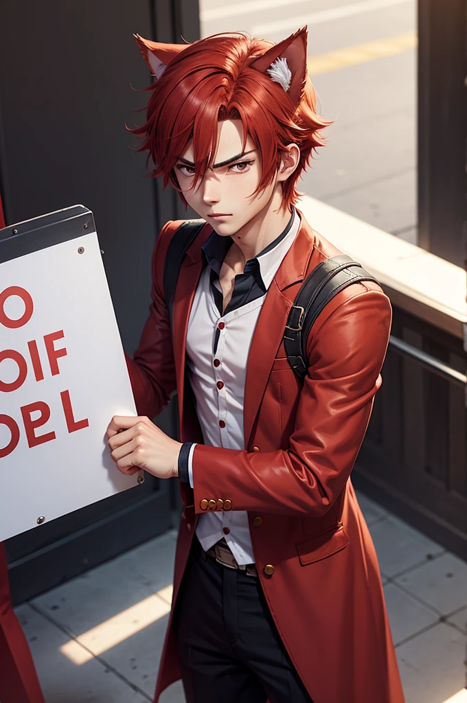 anime boy in red suit holding a blank sign in front of his face, representation of a cute 2d anime boy, anime character, 2d anime style, 2d realistic anime style, male anime character, red cat ears, style character anime, anime soft cg art, erza scarlet as a real person, subject action: holding a sign, subject action: holding a sign