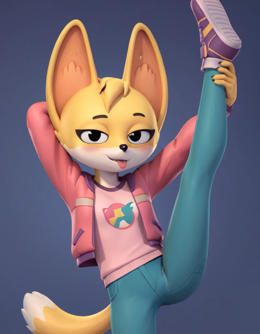 score_9, score_8_up, score_7_up, score_6_up, score_5_up, score_4_up, kit casey, fox, anthro, female, furry, solo, looking at viewer, pink jacket, shirt, blush, bedroom eyes, tongue out, blep, raised leg, standing, stretching, seductive, 3d