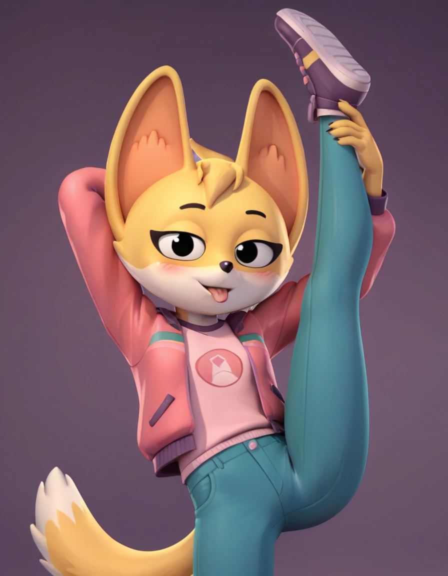 score_9, score_8_up, score_7_up, score_6_up, score_5_up, score_4_up, kit casey, fox, anthro, female, furry, solo, looking at viewer, pink jacket, shirt, blush, bedroom eyes, tongue out, blep, raised leg, standing, stretching, seductive, 3d