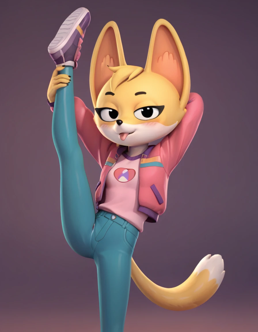 score_9, score_8_up, score_7_up, score_6_up, score_5_up, score_4_up, kit casey, fox, anthro, female, furry, solo, looking at viewer, pink jacket, shirt, blush, bedroom eyes, tongue out, blep, raised leg, standing, stretching, seductive, 3d