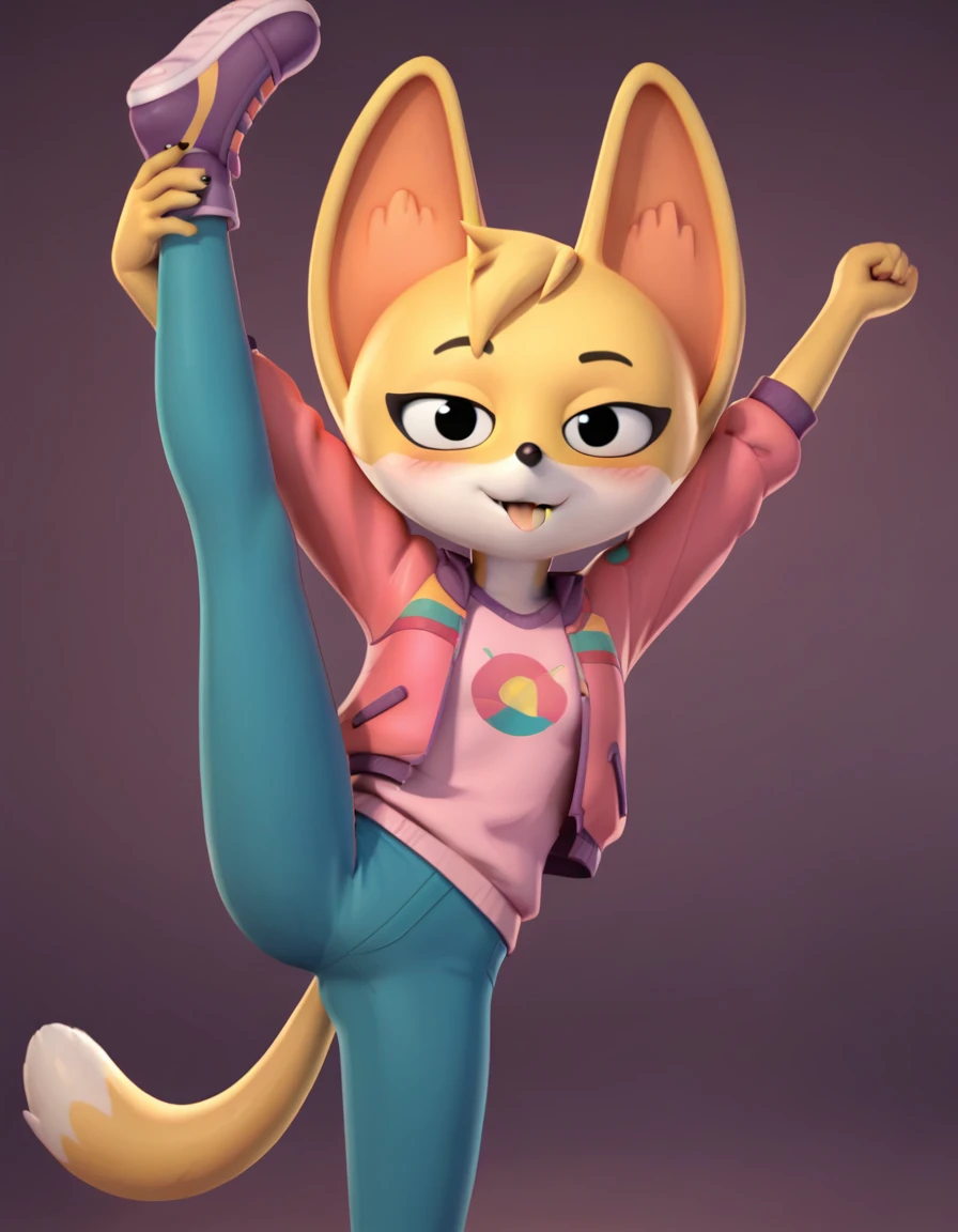 score_9, score_8_up, score_7_up, score_6_up, score_5_up, score_4_up, kit casey, fox, anthro, female, furry, solo, looking at viewer, pink jacket, shirt, blush, bedroom eyes, tongue out, blep, raised leg, standing, stretching, seductive, 3d