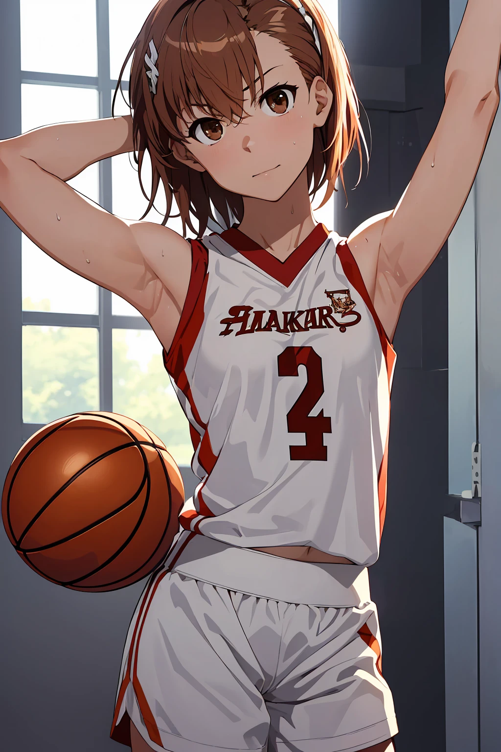 (Highest quality:1.5, High resolution, 超High resolution, 4K, Detailed lighting, Shaders), ((Misaka Mikoto)) ,Solo Shorthair Brown Hair Brown eyes Cool face ((Basketball Uniform))++ Realistic Gym Sweat Super fatty muscle Preparing for exercise No ball Sleeveless Cowboy shot, arms up Beautiful Armpits 腋Sweat