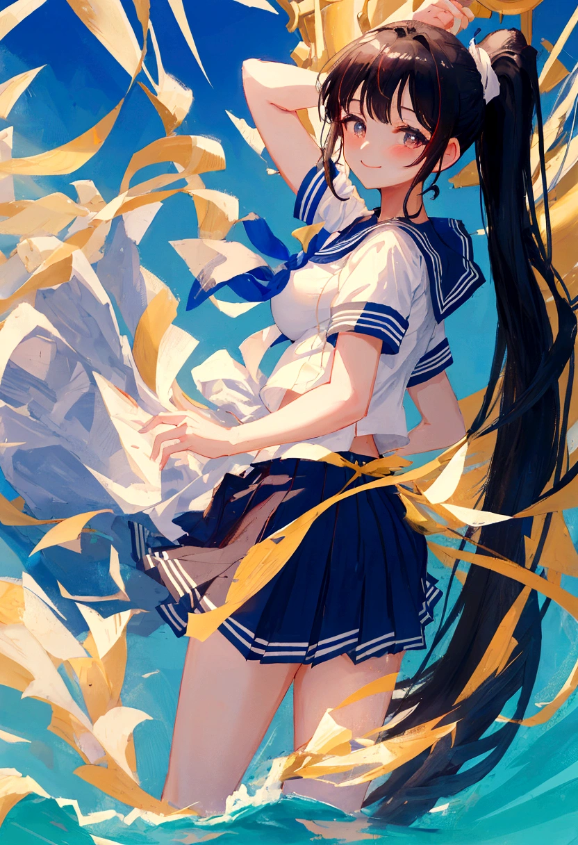 Sailor suit、skirt、Black Hair、ponytail、Big Breasts、high school girl、smile、Fantasy Background、older sister