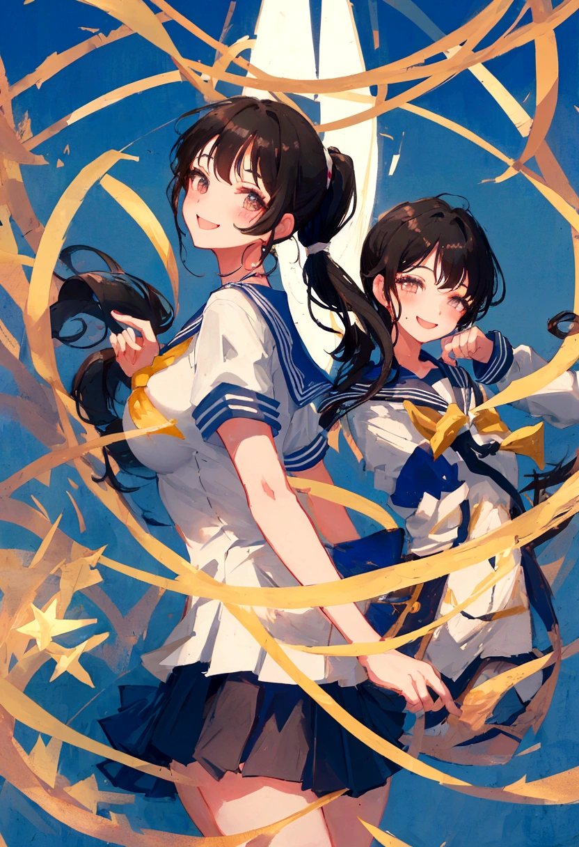 Sailor suit、skirt、Black Hair、ponytail、Big Breasts、high school girl、smile、Fantasy Background、older sister