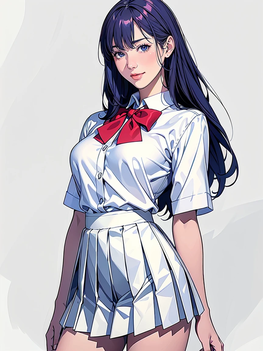 (Highest quality、Masterpiece、8K、Highest quality、Hyperrealism、Ultra HD)、(White polyester collared blouse:1.2)、(Navy Pleated Skirt:1.5)、( Red bow tie on chest:1.1)、Perfect Style、Perfect body line、Large Breasts、Slender body、Perfect beautiful anime style、Smooth anime CG art、(The simplest pure white background:1.1)、standing elegantly、(Panties shot from below:1.1)、 can see her panties:1.1)、Embarrassed expression、smile