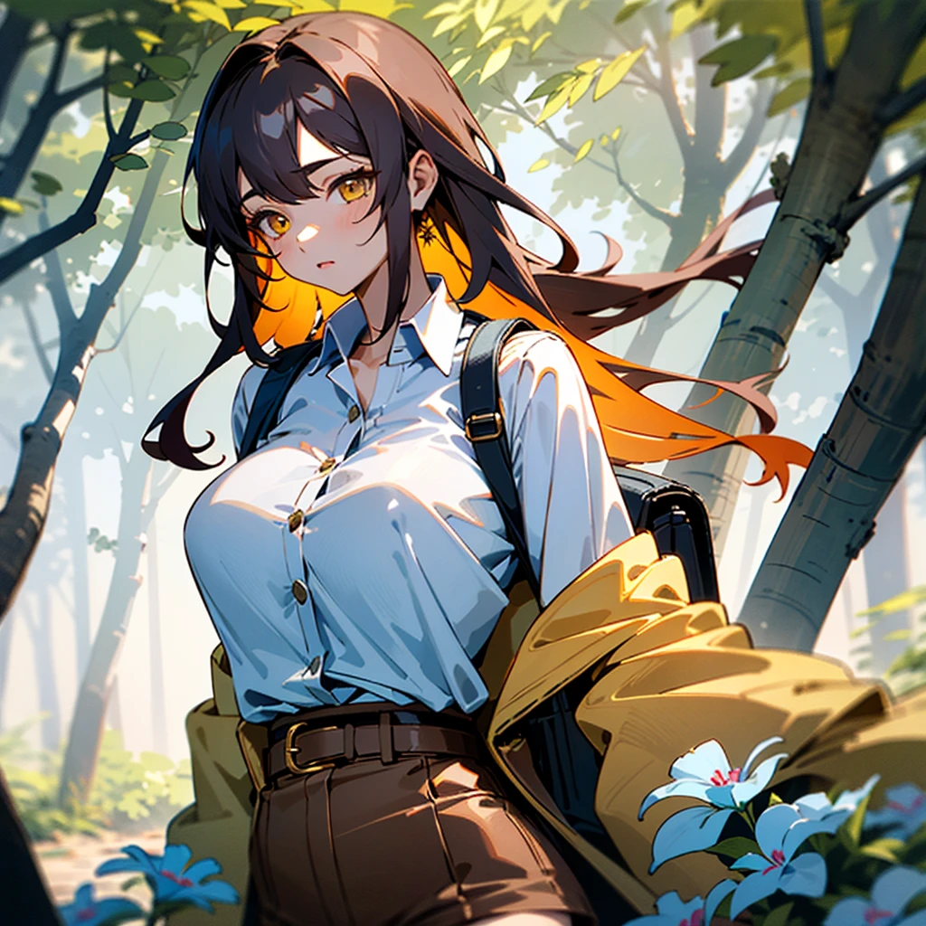((best quality)), ((masterpiece)), (detailed), off-shoulder sweater, Transparent body, Visible veins, Highly detailed, Upper body, one girl, young Korean woman with a Korean beautiful face, golden eyes and yellow sandy lush hair, tanned dark bronze skin, huge chest, dressed in an open coat with rolled up sleeves, a transparent unbuttoned shirt, a wide leather belt with gold yarn, leather shorts, a hiking backpack, a two-handed katana in sheathed, walking through the forest, trees with blue foliage and white flowers,