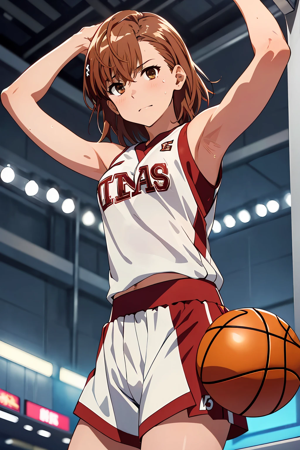 (Highest quality:1.5, High resolution, 超High resolution, 4K, Detailed lighting, Shaders), ((Misaka Mikoto)) ,Solo Shorthair　Brown Hair　Brown eyes　Cool face　　((Basketball Uniform))++　Realistic Gym　 Sweat　Super fatty muscle　　Preparing for exercise　No ball　Sleeveless　Cowboy shot, arms up　Beautiful Armpits　腋Sweat