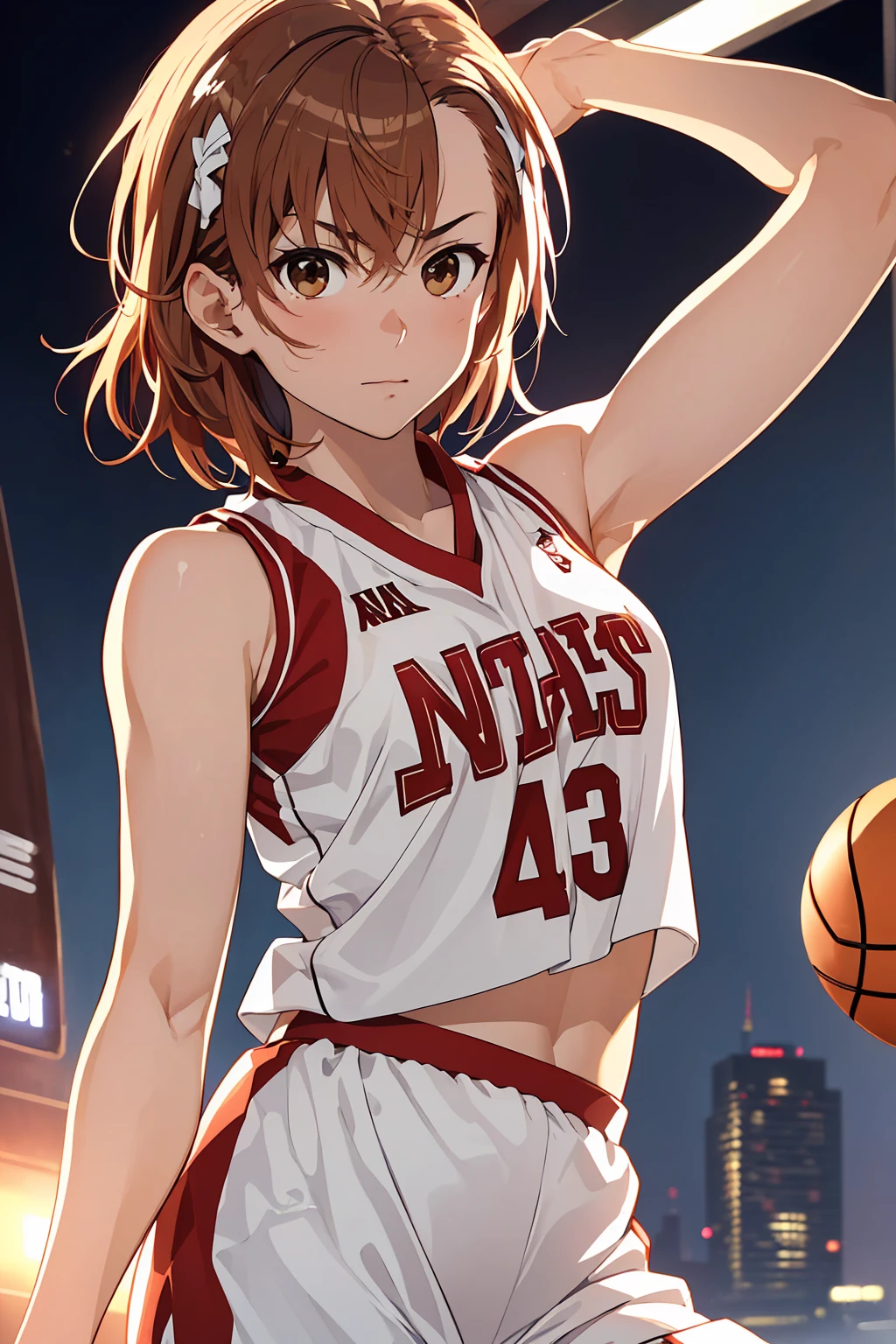 (Highest quality:1.5, High resolution, 超High resolution, 4K, Detailed lighting, Shaders), ((Misaka Mikoto)) ,Solo Shorthair　Brown Hair　Brown eyes　Cool face　　((Basketball Uniform))++　Realistic Gym　 Sweat　Super fatty muscle　　Preparing for exercise　No ball　Sleeveless　Cowboy shot, arms up　Beautiful Armpits　腋Sweat