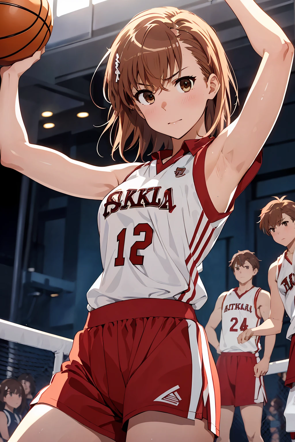 (Highest quality:1.5, High resolution, 超High resolution, 4K, Detailed lighting, Shaders), ((Misaka Mikoto)) ,Solo Shorthair Brown Hair Brown eyes Cool face ((Basketball Uniform))++ Realistic Gym Sweat Super fatty muscle Preparing for exercise No ball Sleeveless Cowboy shot, arms up Beautiful Armpits 腋Sweat