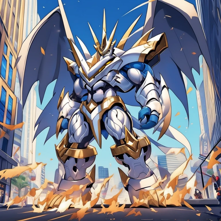 (solo. masterpiece. official art. 8k. best quality. detailed full body. full body.)
 
(situation 1 : dominating Imperialdramon_Paladin_Mode. Imperialdramon_Paladin_Mode is over 1000 meters long. focus GIANT mechanical Muscular Imperialdramon_Paladin_Mode is trampling the city. Looking down. macro. stomp. Low-angle perspective. emphasizing the immense size.)

(situation 2 :smoke and flames rising from the destruction in the city)

(Additional details 1: wearing a full-face helmet. armor. sword. holding a sword. gauntlet.).

(Additional details 2: (Detailed head. Detailed Body. Detailed abs. gigantic muscles. HYPER MUSCLES. Gigachad Muscular. big muscle. pecs. triceps. traps. unusually developed muscular body. body full of huge muscles. showing off muscles. pectorales enormes. Exaggeratedly huge muscles. huge muscles. long legs.).

(Additional details 3: Spread wings. It has wings. have big wings. The claws are sharp. Sharp teeth.).