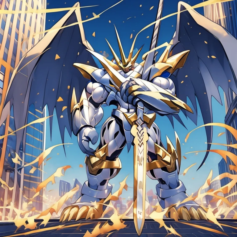 (solo. masterpiece. official art. 8k. best quality. detailed full body. full body.)
 
(situation 1 : dominating Imperialdramon_Paladin_Mode. Imperialdramon_Paladin_Mode is over 1000 meters long. focus GIANT mechanical Muscular Imperialdramon_Paladin_Mode is trampling the city. Looking down. macro. stomp. Low-angle perspective. emphasizing the immense size.)

(situation 2 :smoke and flames rising from the destruction in the city)

(Additional details 1: wearing a full-face helmet. armor. sword. holding a sword. gauntlet.).

(Additional details 2: (Detailed head. Detailed Body. Detailed abs. gigantic muscles. HYPER MUSCLES. Gigachad Muscular. big muscle. pecs. triceps. traps. unusually developed muscular body. body full of huge muscles. showing off muscles. pectorales enormes. Exaggeratedly huge muscles. huge muscles. long legs.).

(Additional details 3: Spread wings. It has wings. have big wings. The claws are sharp. Sharp teeth.).