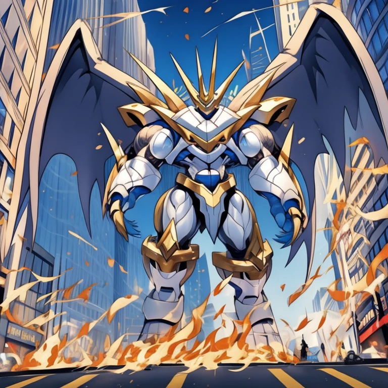 (solo. masterpiece. official art. 8k. best quality. detailed full body. full body.)
 
(situation 1 : dominating Imperialdramon_Paladin_Mode. Imperialdramon_Paladin_Mode is over 1000 meters long. focus GIANT mechanical Muscular Imperialdramon_Paladin_Mode is trampling the city. Looking down. macro. stomp. Low-angle perspective. emphasizing the immense size.)

(situation 2 :smoke and flames rising from the destruction in the city)

(Additional details 1: wearing a full-face helmet. armor. sword. holding a sword. gauntlet.).

(Additional details 2: (Detailed head. Detailed Body. Detailed abs. gigantic muscles. HYPER MUSCLES. Gigachad Muscular. big muscle. pecs. triceps. traps. unusually developed muscular body. body full of huge muscles. showing off muscles. pectorales enormes. Exaggeratedly huge muscles. huge muscles. long legs.).

(Additional details 3: Spread wings. It has wings. have big wings. The claws are sharp. Sharp teeth.).