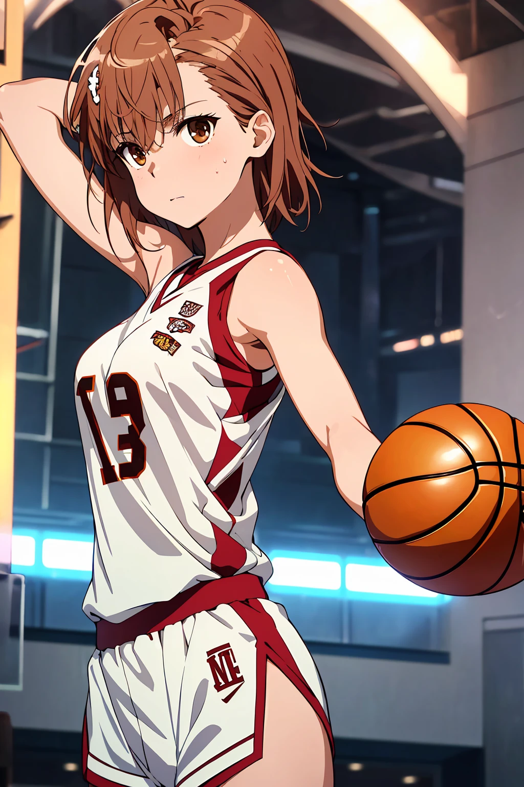 (Highest quality:1.5, High resolution, 超High resolution, 4K, Detailed lighting, Shaders), ((Misaka Mikoto)) ,Solo Shorthair　Brown Hair　Brown eyes　Cool face　　((Basketball Uniform))++　Realistic Gym　 Sweat　Super fatty muscle　　Preparing for exercise　No ball　Sleeveless　Cowboy shot, arms up　Beautiful Armpits　腋Sweat