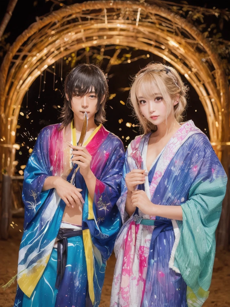 tears、Caving、Two people gazing at a big flower、Two people、tanabata、Strip、Bamboo leaf、Wishing on Strip、Grilling in a yukata,fluid,Particles of light, dream-like,Sparkling,dream-like glow,Paint drips,oil,strong stroke,Paint drips,Splash Paint Drop, oil,(Abstract:1.2)A girl and a boy made up of(tanabataライトトレース:1.25),Change to (Radioluminescence light tracking) スタイルtanabataのSummer festival,Two people are Orihime and Hikoboshi(Cowboy Shot),Temple Fair,Summer festival,Shining in rainbow colors、16K, Ultra-high resolution, to be born,wonderful ,future、iridescent、The world 30 years from now。