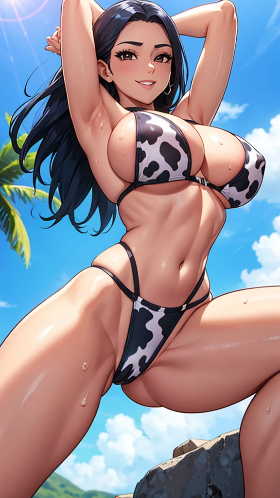 8K, high definition, animation, married woman, fair skinned, beautiful, neat, bright, emphasized eyes, sexy, super big tits, beautiful line drawing. Black hair, white skin, brown eyes, arms up, armpit view, erotic, arms up, armpit view, sweaty body, sweaty armpits, smiling, flashy tinted bikini, cow holstein print bikini, nipples standing out from bikini, blue sky background, crouching position, crotch, spread legs,