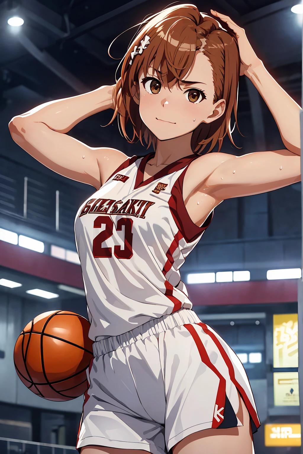 (Highest quality:1.5, High resolution, 超High resolution, 4K, Detailed lighting, Shaders), ((Misaka Mikoto)) ,Solo Shorthair　Brown Hair　Brown eyes　Cool face　　((Basketball Uniform))++　Realistic Gym　 Sweat　Super fatty muscle　　Preparing for exercise　No ball　Sleeveless　Cowboy shot, arms up　Beautiful Armpits　腋Sweat