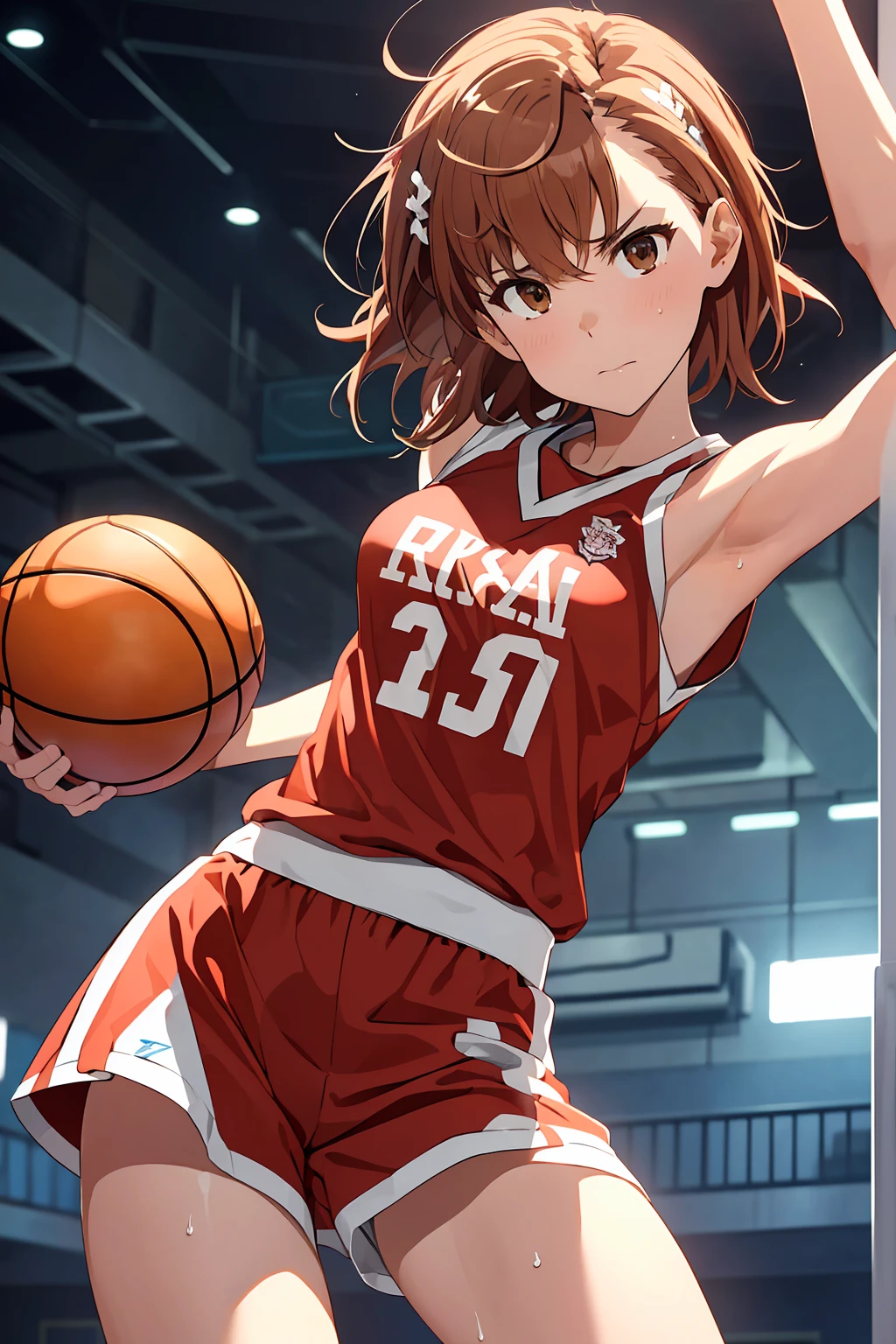 (Highest quality:1.5, High resolution, 超High resolution, 4K, Detailed lighting, Shaders), ((Misaka Mikoto)) ,Solo Shorthair　Brown Hair　Brown eyes　Cool face　　((Basketball Uniform))++　Realistic Gym　 Sweat　Super fatty muscle　　Preparing for exercise　No ball　Sleeveless　Cowboy shot, arms up　Beautiful Armpits　腋Sweat