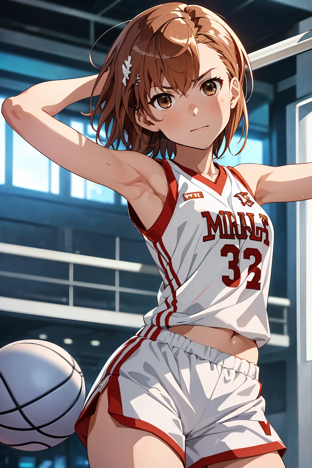 (Highest quality:1.5, High resolution, 超High resolution, 4K, Detailed lighting, Shaders), ((Misaka Mikoto)) ,Solo Shorthair Brown Hair Brown eyes Cool face ((Basketball Uniform))++ Realistic Gym Sweat Super fatty muscle Preparing for exercise No ball Sleeveless Cowboy shot, arms up Beautiful Armpits 腋Sweat