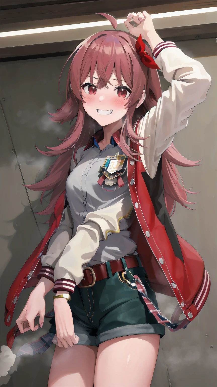 masterpiece, best quality, highres, akaho, long hair, ahoge, hair ribbon, red ribbon, letterman jacket, long sleeves, Bracelet, open jacket, collared shirt, grey shirt, Red belt, green shorts, plaid, street, cowboy shot. :p、loafers、Long legs、Long legs、Absolute area、Micro Shorts、（Black knee socks:1.4) Grinning、Smile、is standing、Sweating:1.5), (steam:1.3), ((((blush))))),Absolute area、（編みタイツ:1.4）、a room、Hi-Res, 1girl in, ,},{{solo,Boyish 1 Girl}} 