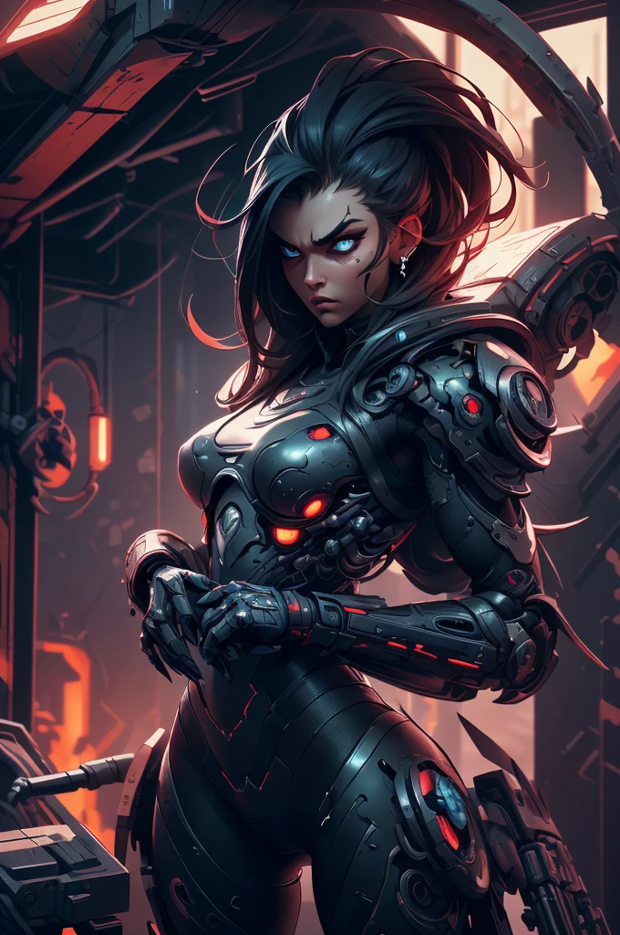 a close up of a robot in a building with a sunglasses on, cyberpunk flame suit, cyberpunk armor, cyberpunk suit, sci - fi suit, intricate cyberpunk armor, cybernetic fire armor, a large titan face, attack on titan, ultra detailed, highly realistic, photorealistic, 8k, 4k, hyper-realistic, realistic skin texture, extremely detailed facial features, piercing eyes, sharp nose, full lips, detailed musculature, intimidating expression, dark brooding atmosphere, dramatic lighting, moody shadows, cinematic composition, gritty, dystopian, dark fantasy
