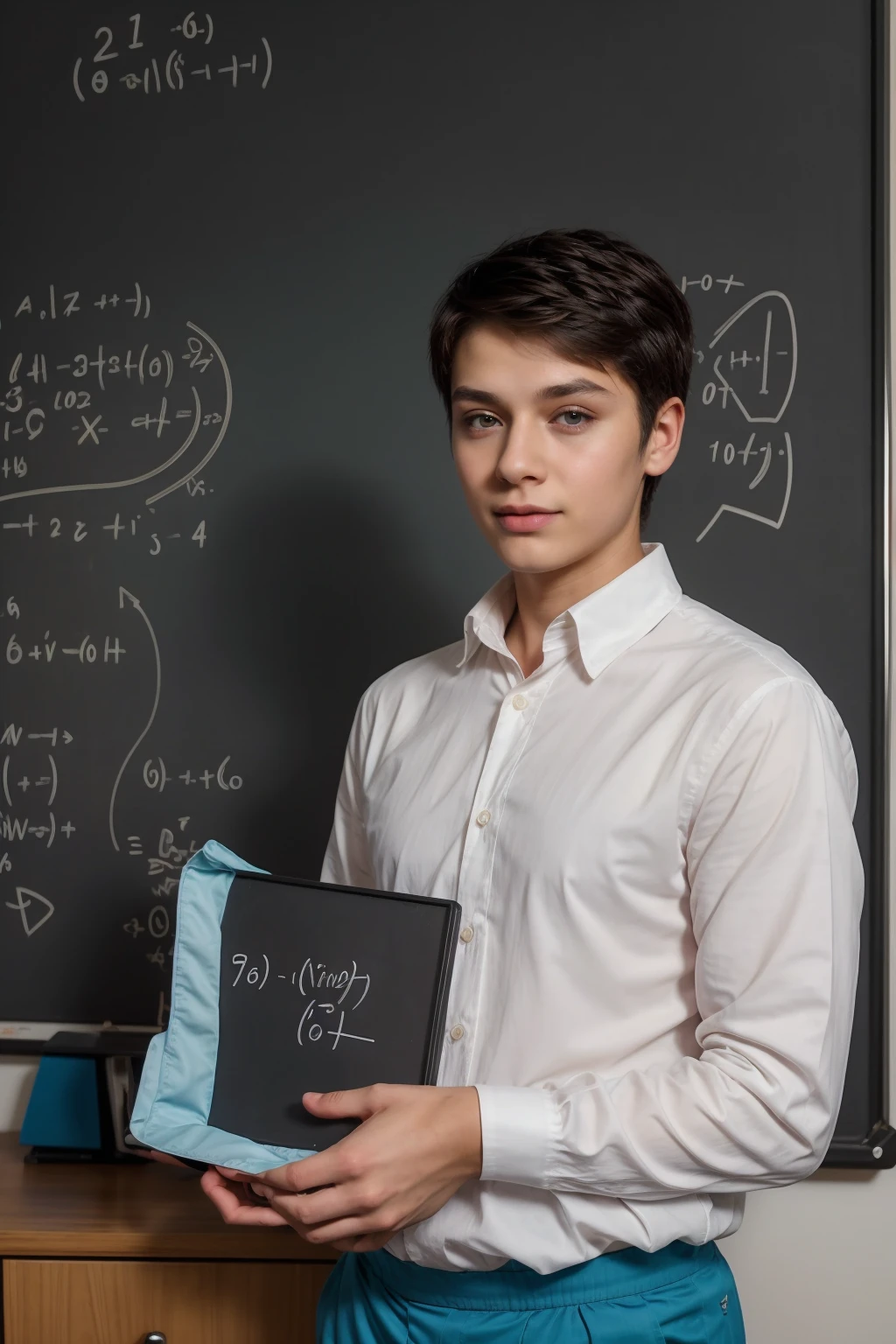 A beautiful young male twink with black hair and a face with makeup. He is wearing a long-sleeved white shirt with a tight fit and aqua blue pants. He is in his office and behind him is a blackboard with calculus equations written on it, and he looks proudly with reddened cheeks.