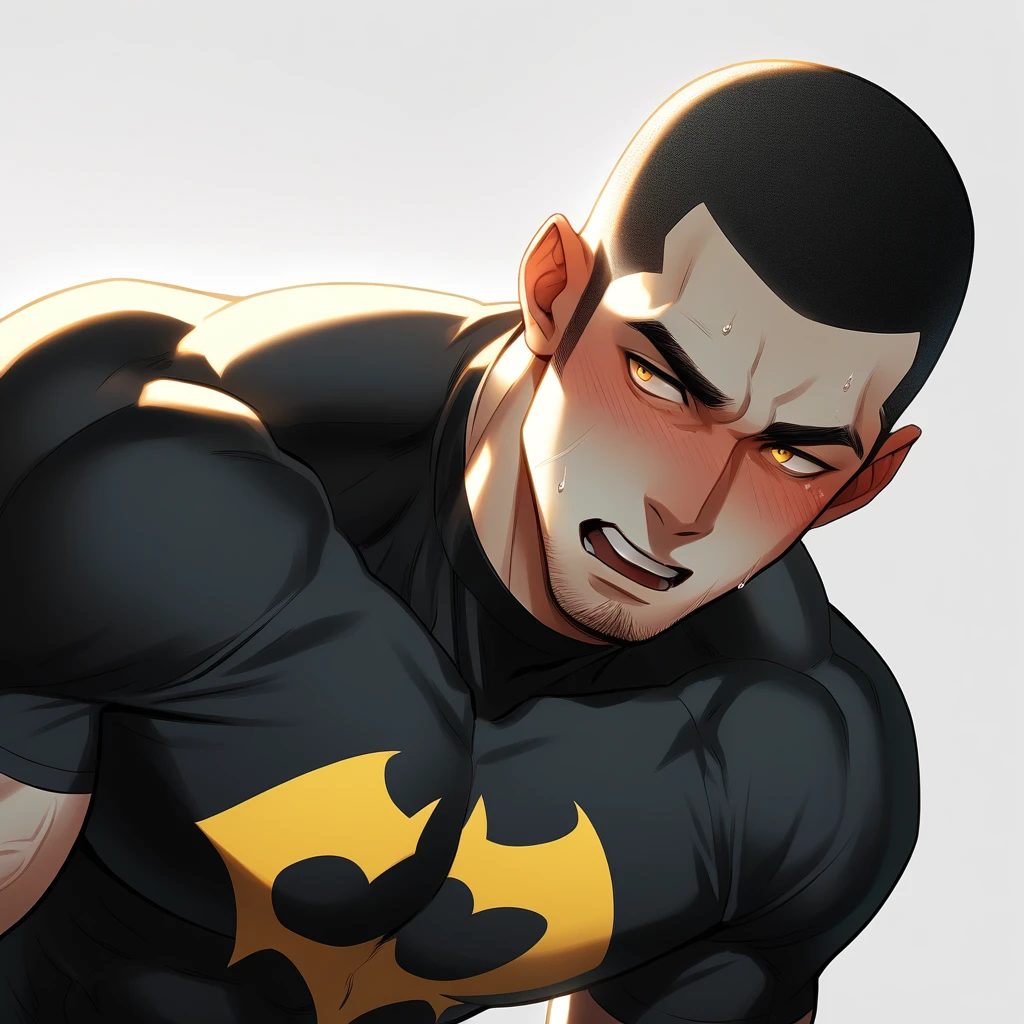 1muscular sportsman, Athlete,male focus, Buzz Cut, Yellow and black Batman tight T-shirt, one ,Very tight, muscular male, muscular, only, Upper body, alone, look to the side, short hair, stubble, sweat, black hair, Yellow eyes, open lips, White background, simple background, amazing quality, best aesthetics, Ridiculous, crew cut, moaning, blush, clair obscur, cinematic lighting, best quality, textured skin