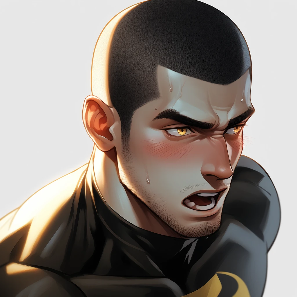 1muscular sportsman, Athlete,male focus, Buzz Cut, Yellow and black Batman tight T-shirt, one ,Very tight, muscular male, muscular, only, Upper body, alone, look to the side, short hair, stubble, sweat, black hair, Yellow eyes, open lips, White background, simple background, amazing quality, best aesthetics, Ridiculous, crew cut, moaning, blush, clair obscur, cinematic lighting, best quality, textured skin