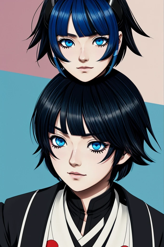 Kimetsu no yaida, Female gender, black hair with bright blue highlights, eyes of different colors, one eye black and the other dull blue, short hair, whole body