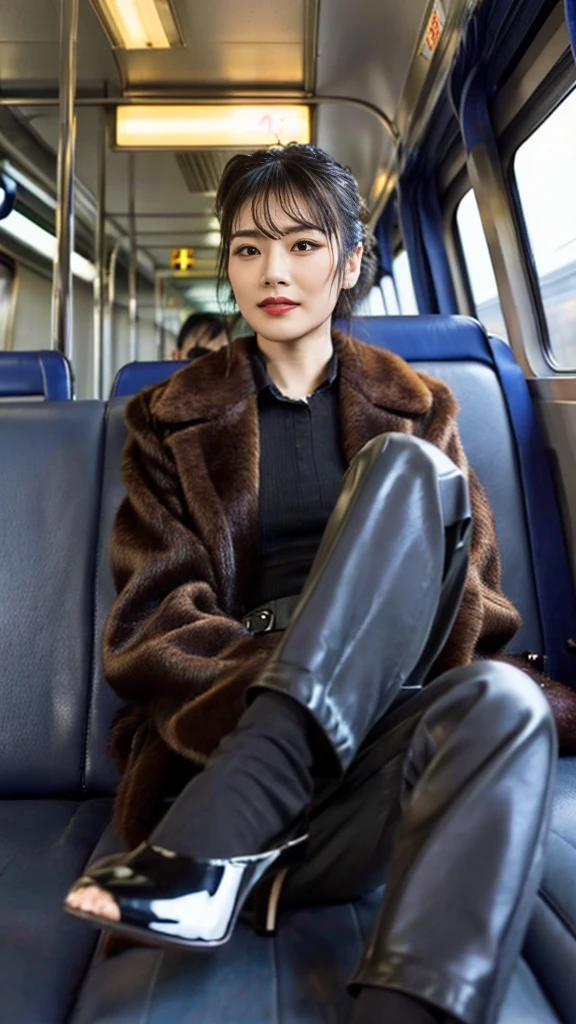 A full-body photo of a mature Japanese gal with flashy hair wearing pumps, a cute fur coat, and shiny, thin, short black leather gloves.,sitting cross-legged,Five fingers,Inside the train,Voyeur,Heavy makeup face eyeshadow,mascara,cross the her legs,Ultra-detailed face, open eyes,((Legs crossed)).Smelly black socks,Pants Style,She looks at the photographer with an inviting expression.,This photo was taken in daylight with soft lighting..、sitting in a subway train seat.。. This photo was taken by someone on their cell phone..、Apparently it was posted on Snapchat.。.