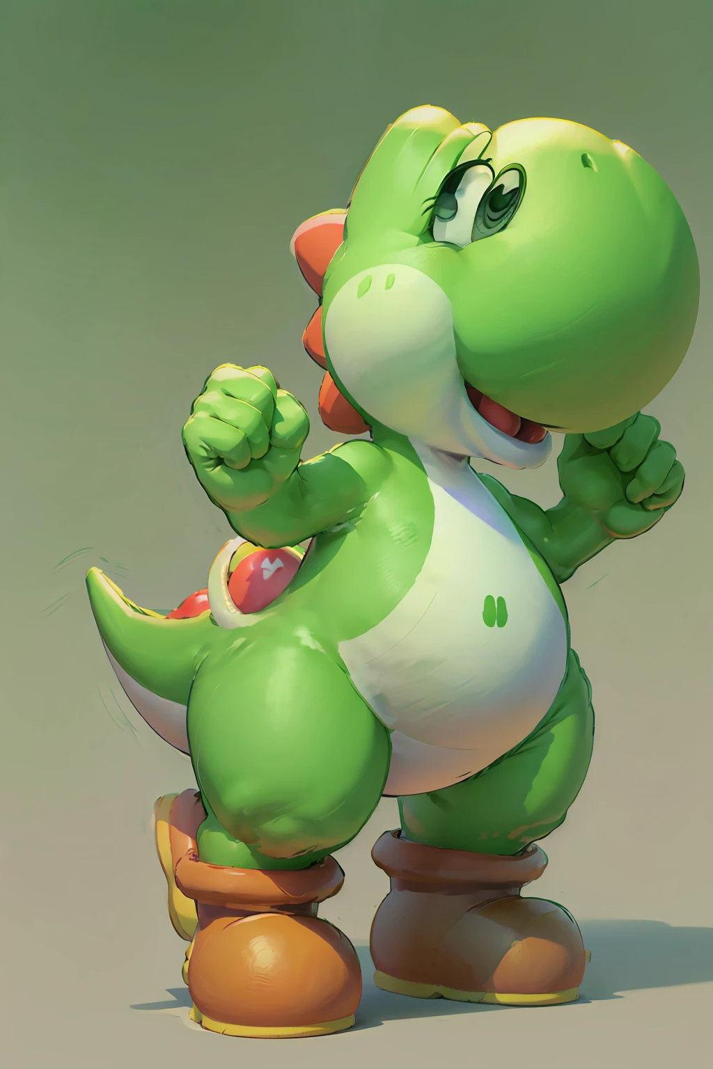 Green dinosaur, with boots, big nose, big eyes, long tail, character from Mario Bros, Nintendo, stands happy, looking at the viewer,