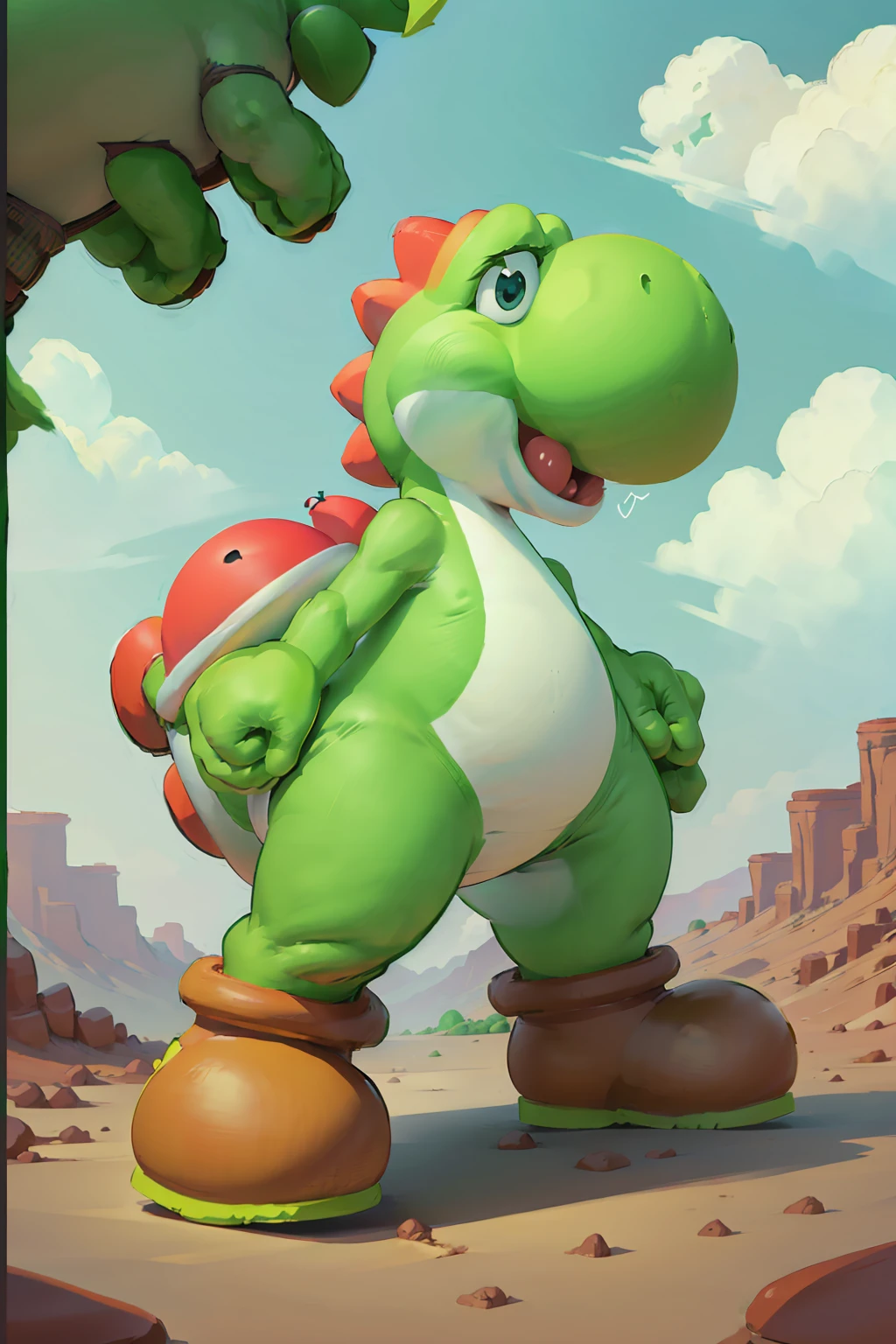 Green dinosaur, with boots, big nose, big eyes, long tail, character from Mario Bros, Nintendo, stands happy, looking at the viewer,
