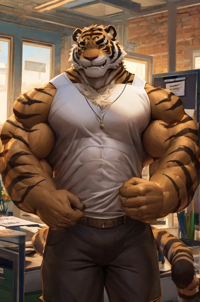 Masterpiece, Great, (office: 1.8), CG drawing with very high detail., Anthropomorphic tiger, muscular, with weights in hands, brown orange fur, Brown eyes, White tank top, black shorts. In the background the interior of a cozy house.