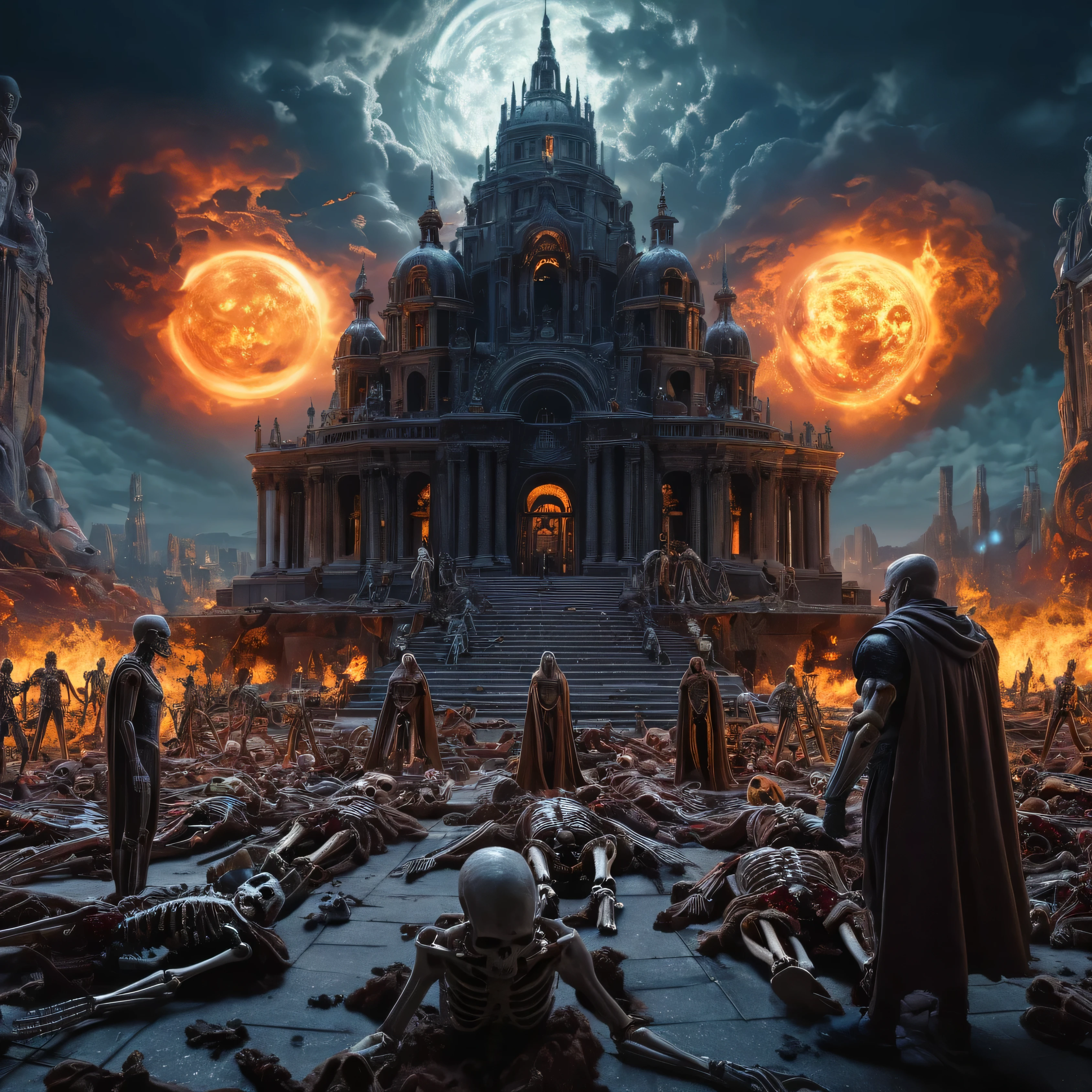 8k, UHD, HDR, intricate details, Photo, a man talk to each other over a pile of corpses,The image depicts a group of superheroines with various powers and abilities, standing together in front of a fiery background, Appendix architecture made of skeletons., Fancy, intricate, elegant, Very detailed, centered, symmetry, chart, intricate, volumetric lighting, beautiful, masterpiece of rich deep colors, sharp focus, ultra detailed, In the style of Dan Mumford and Marc Simonetti, astroPhotografía 