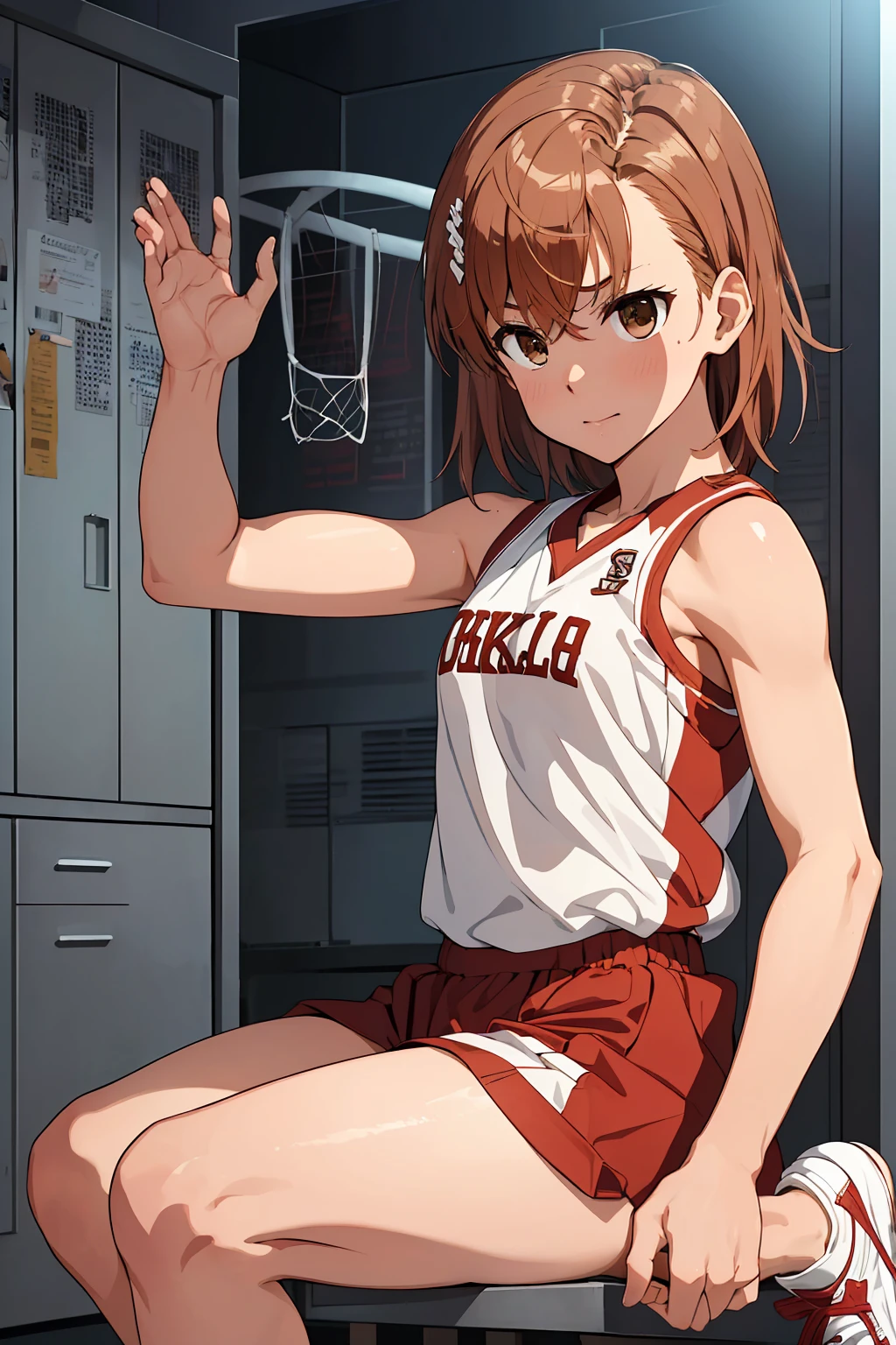 (Highest quality:1.5, High resolution, 超High resolution, 4K, Detailed lighting, Shaders), ((Misaka Mikoto)) ,Solo Shorthair Brown Hair Brown eyes Cool face ((Basketball Uniform))++ Realistic Gym Sweat Super fatty muscle Preparing for exercise No ball Sleeveless Cowboy shot, arms up Beautiful Armpits 腋Sweat Realistic locker room((((topless))))++ blush